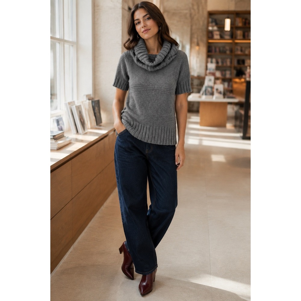 American Eagle Gray Cowl Neck Short Sleeve Textured Diamond Knit Sweater Small